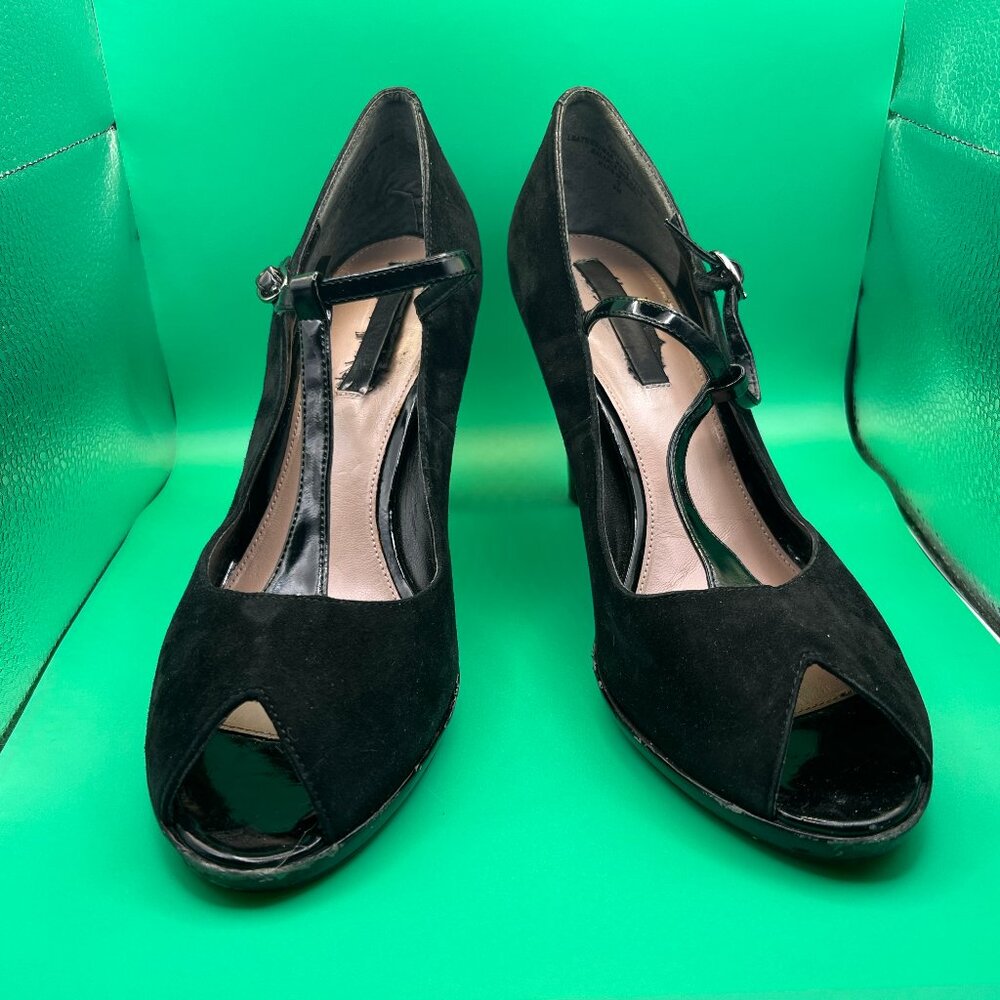 Black Suede & Patent Leather T-Strap Peep Toe Heels – Size 9.5